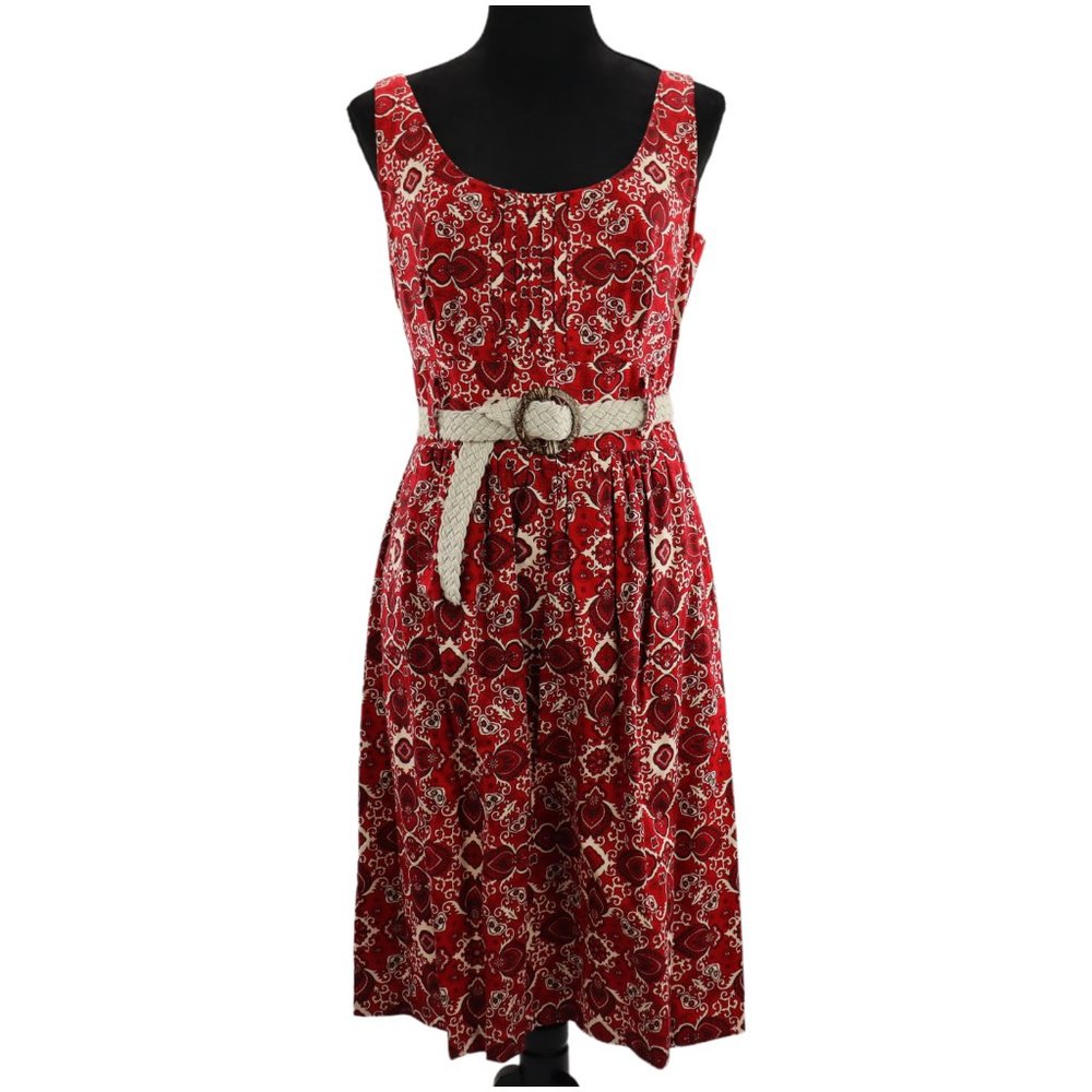 Scarlett Women's Indian Pattern Red Sleeveless Belted A-Line Dress Zip Size8